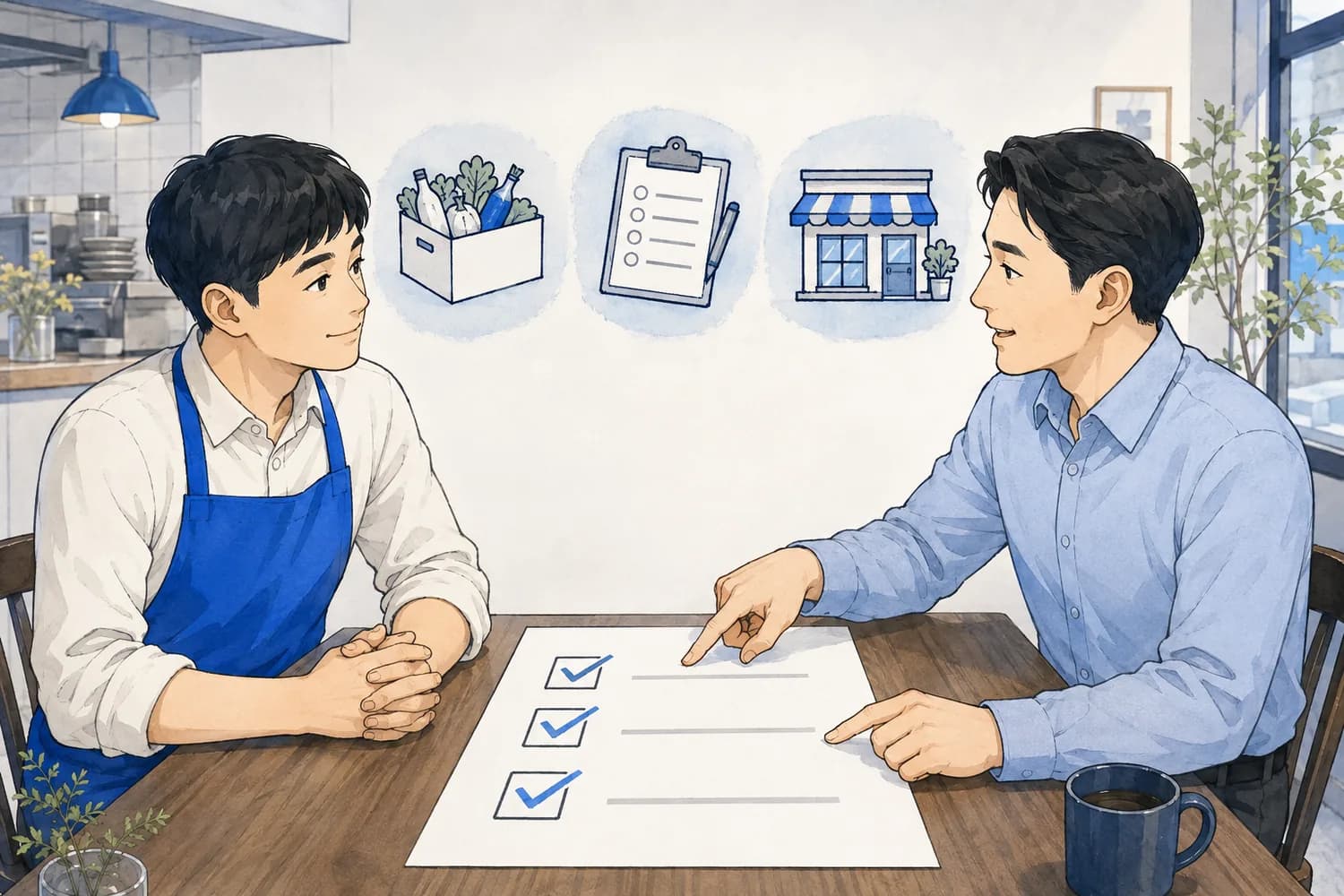 사장님과 컨설턴트가 마주 앉아 매장의 다음 실행 방향을 정리하는 일러스트