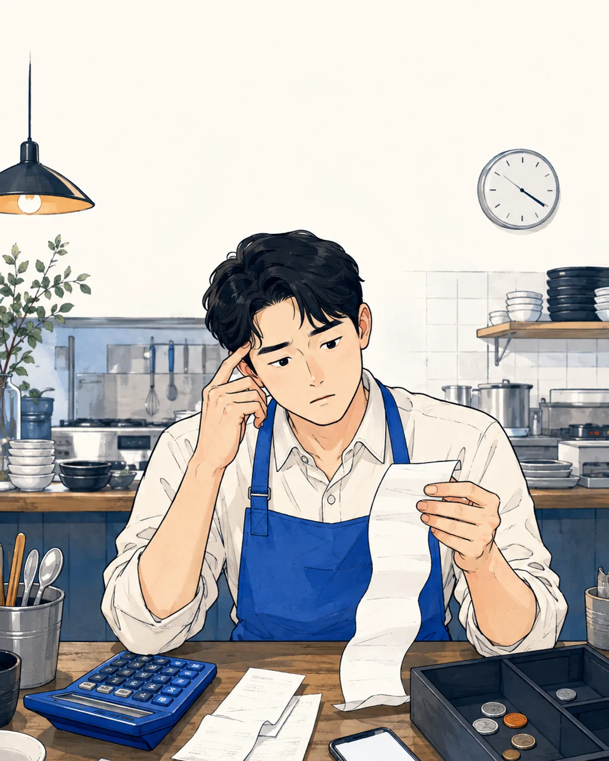 마감 후 영수증과 계산기 앞에서 남는 돈을 고민하는 사장님 일러스트