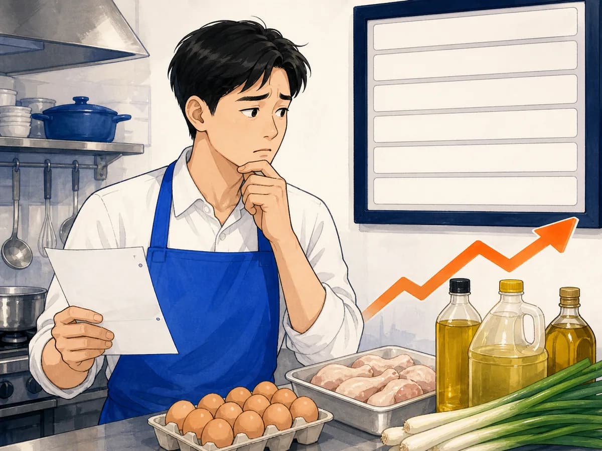 식재료와 매입 명세서를 보며 메뉴 가격을 고민하는 사장님 일러스트