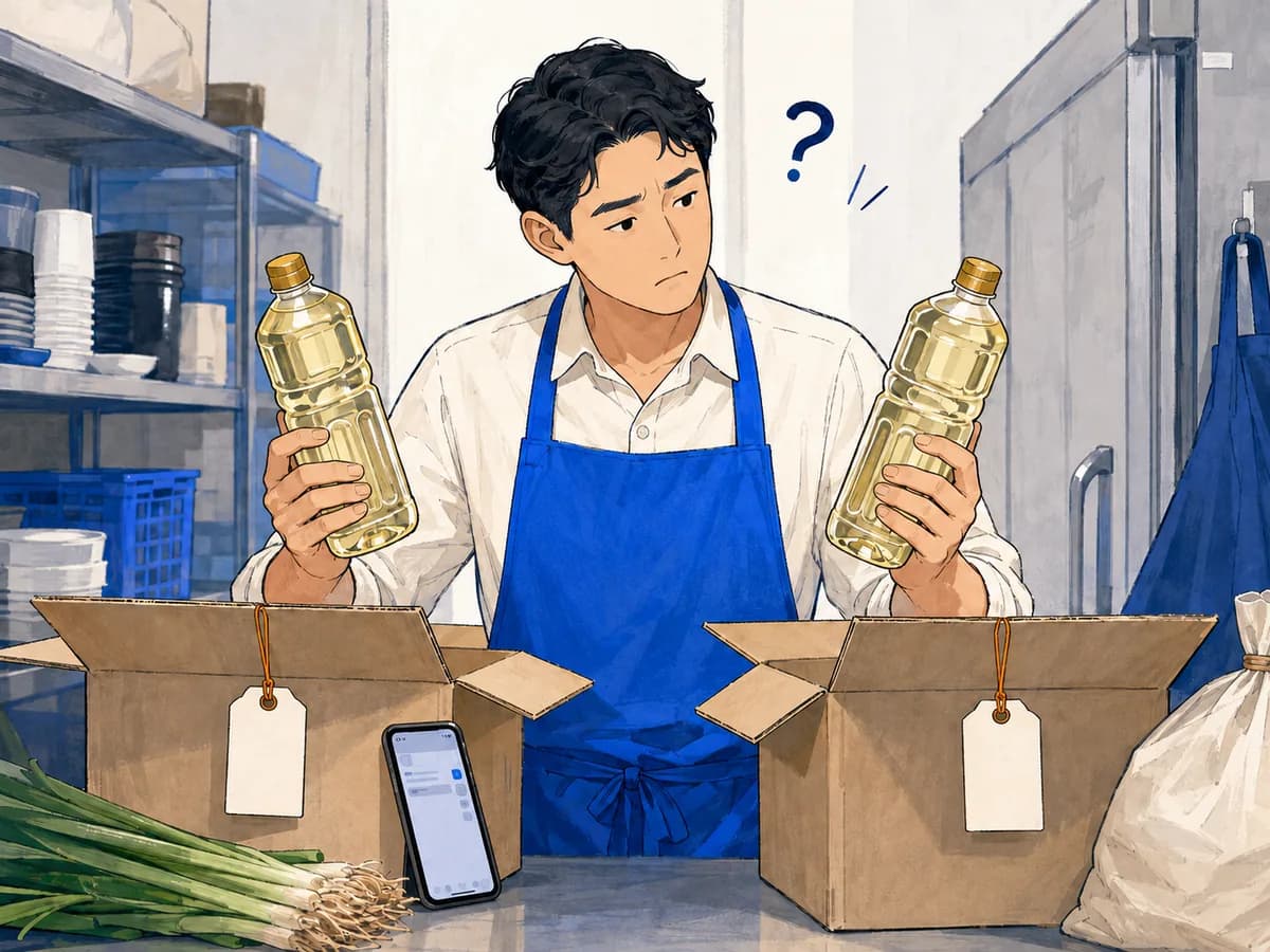 서로 다른 거래처에서 받은 같은 식재료를 비교하는 사장님 일러스트
