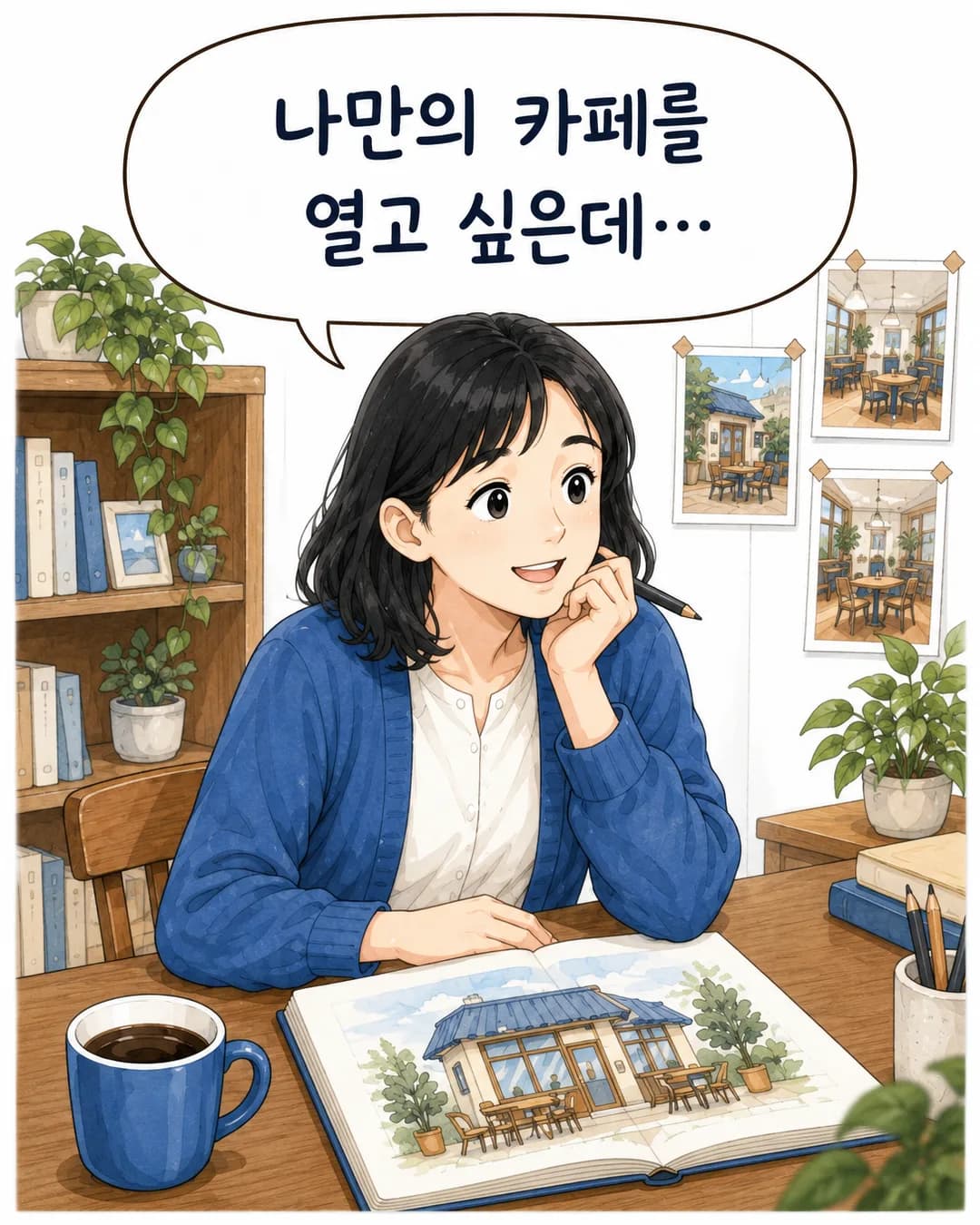 1컷 — 책상에 앉아 카페 스케치를 보며 설레는 표정의 예비 창업자