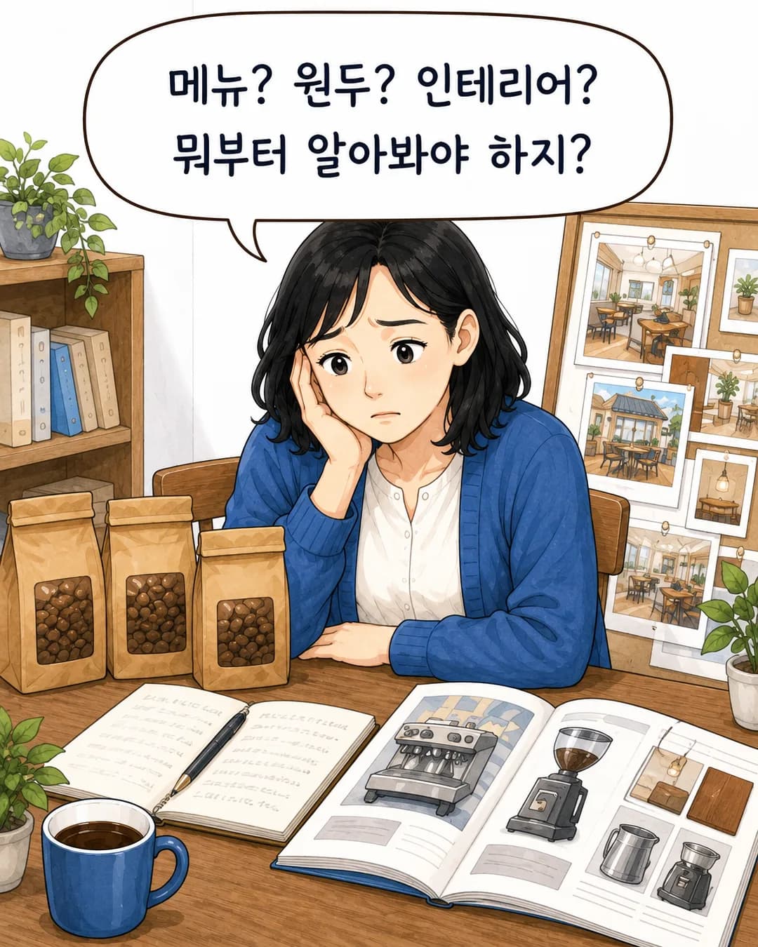 2컷 — 원두 봉투, 에스프레소 머신 잡지, 인테리어 사진에 둘러싸여 고민하는 예비 창업자