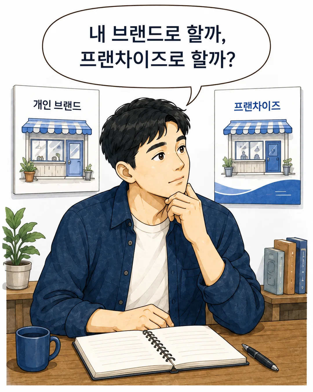 1컷 — 개인 브랜드와 프랜차이즈 매장 그림을 번갈아 보며 고민하는 예비 창업자