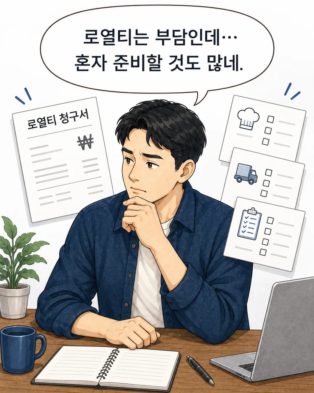 2컷 — 로열티 청구서와 메뉴 · 물류 · 준비 체크리스트에 둘러싸인 예비 창업자