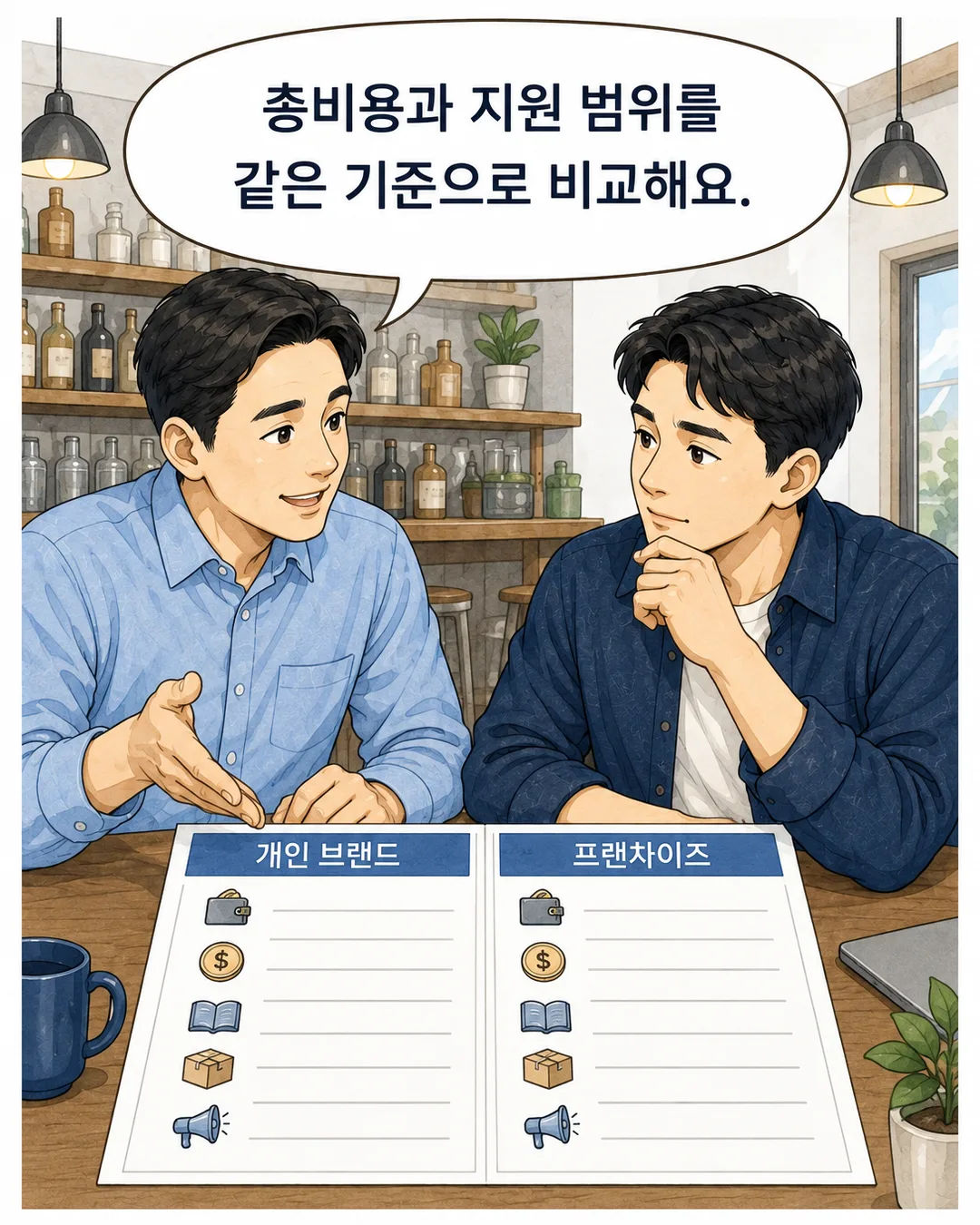 3컷 — 개인 브랜드와 프랜차이즈를 두 열로 나눈 비교표를 짚는 컨설턴트