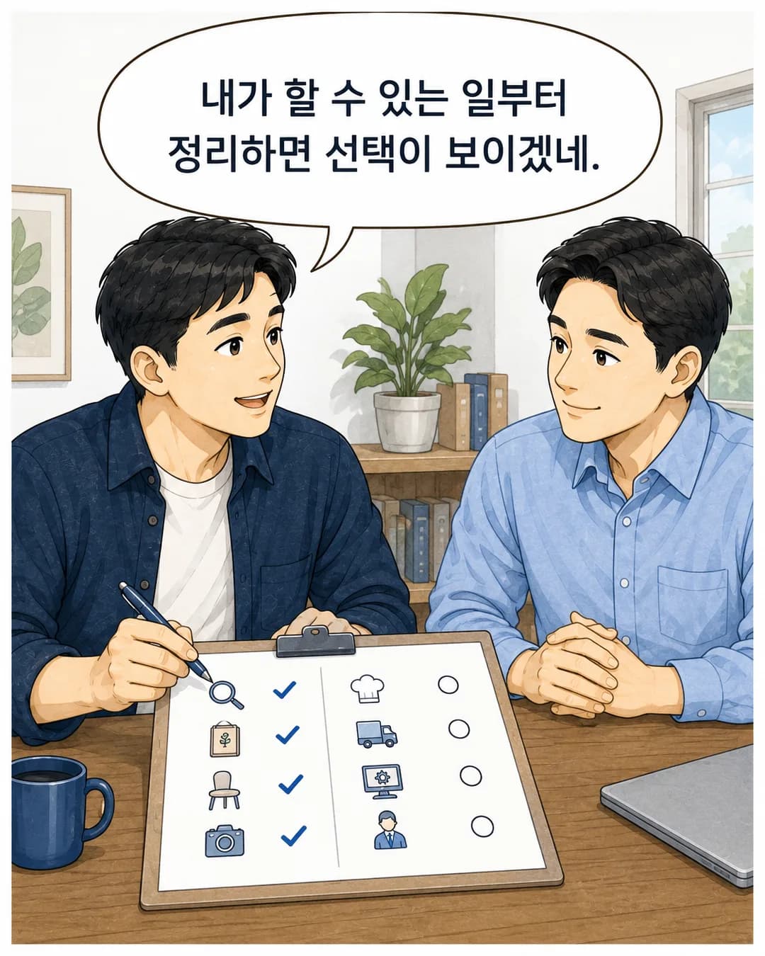 4컷 — 직접 할 수 있는 일과 맡겨야 할 일을 두 열로 체크하는 예비 창업자