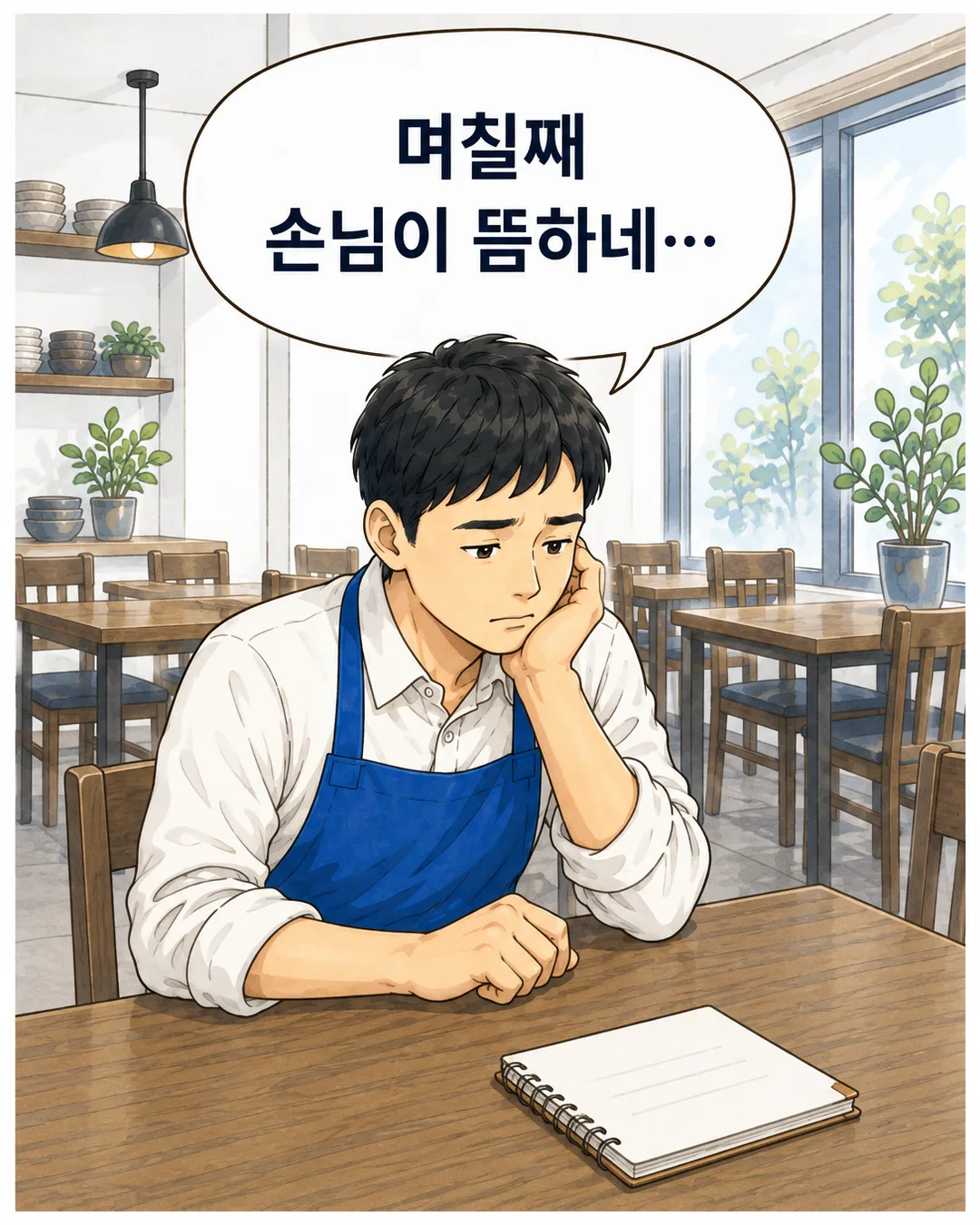 1컷 — 텅 빈 매장 테이블에 앉아 턱을 괴고 있는 사장님