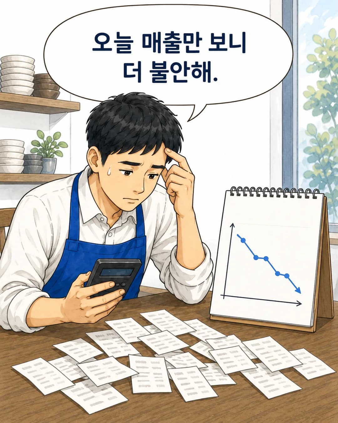 2컷 — 계산기를 든 채 흩어진 영수증과 하락하는 그래프를 보는 사장님