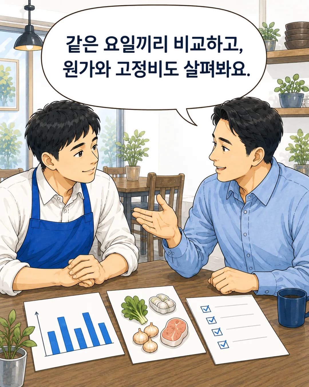 3컷 — 요일별 막대그래프, 식재료 그림, 체크리스트를 놓고 설명하는 컨설턴트