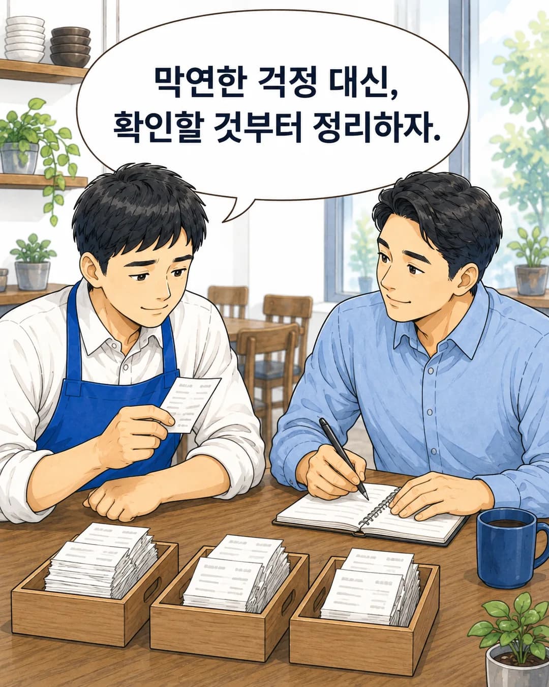 4컷 — 영수증을 정리함에 나눠 담으며 차분해진 사장님과 메모하는 컨설턴트